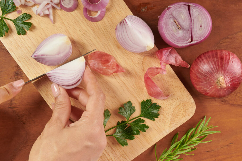 cutting red onions for kabobs